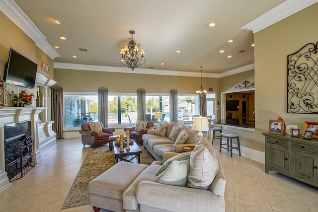 living room featuring ornamental molding, light tile patterned floors, and an inviting chandelier