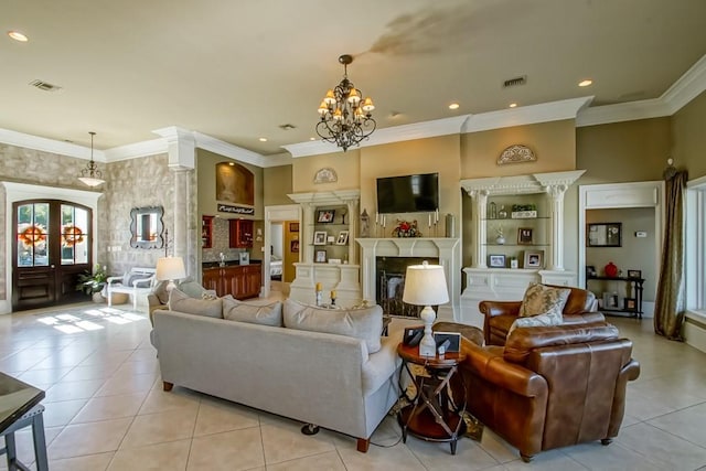 living room featuring light tile patterned floors, french doors, ornamental molding, and a notable chandelier