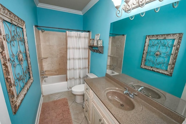 full bathroom with tile patterned flooring, crown molding, toilet, shower / bath combo with shower curtain, and vanity