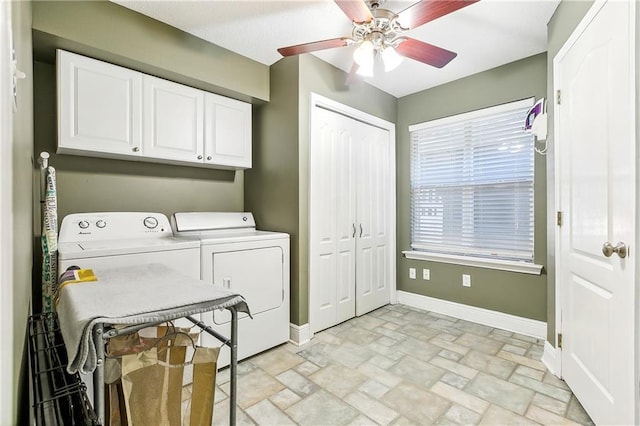 washroom with ceiling fan, cabinets, and independent washer and dryer