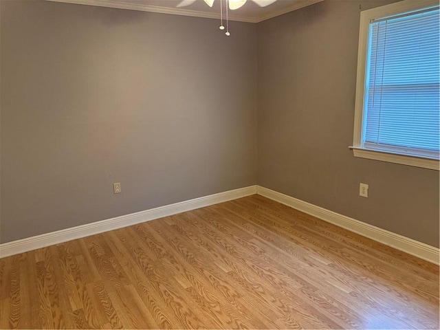 spare room with light hardwood / wood-style floors, ceiling fan, and ornamental molding