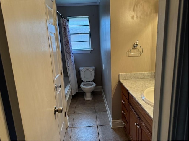 full bathroom featuring shower / bath combination with curtain, tile patterned floors, ornamental molding, vanity, and toilet