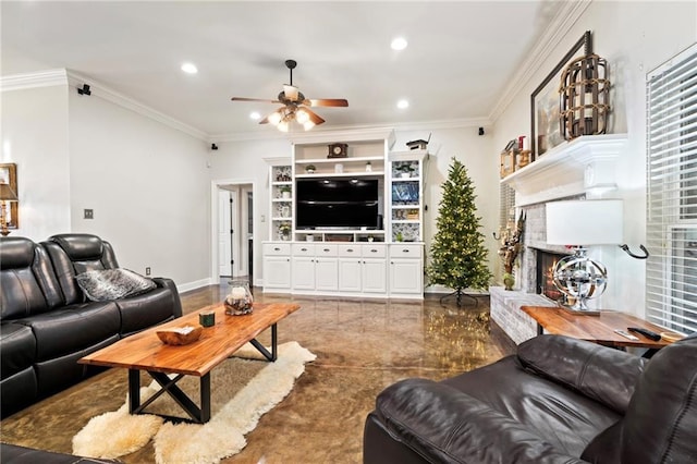 living room featuring a brick fireplace, ceiling fan, and ornamental molding