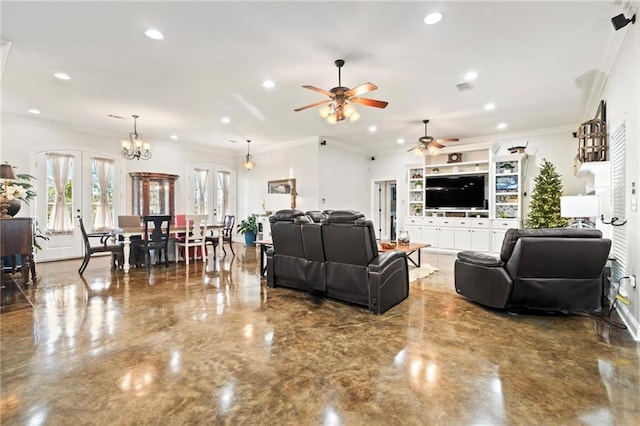 living room with ceiling fan with notable chandelier and ornamental molding