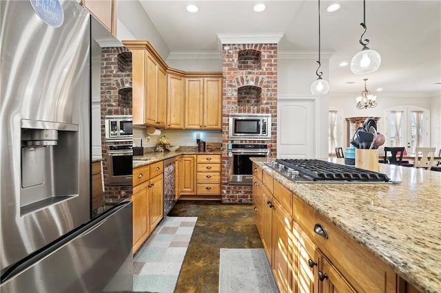 kitchen with stainless steel appliances, light stone counters, a notable chandelier, crown molding, and pendant lighting