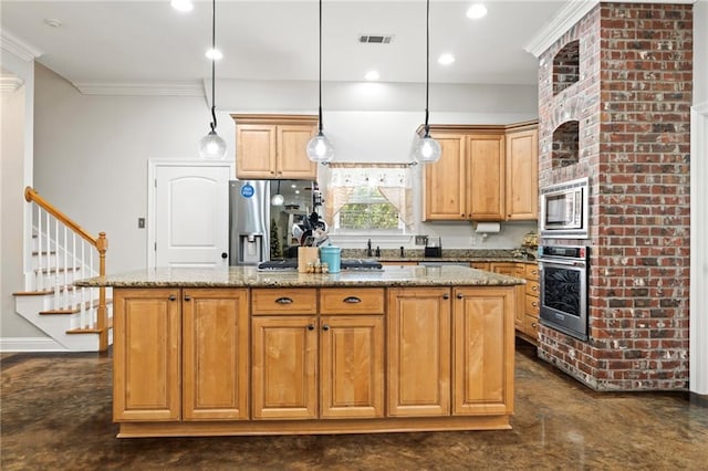 kitchen featuring crown molding, decorative light fixtures, a kitchen island, light stone counters, and stainless steel appliances