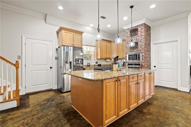 kitchen with decorative light fixtures, a kitchen island, light stone counters, and appliances with stainless steel finishes