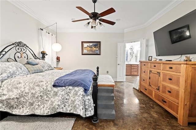 bedroom with ensuite bath, ceiling fan, and ornamental molding