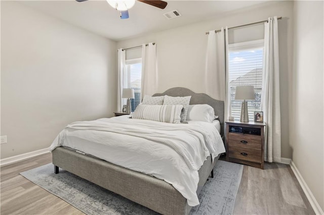 bedroom featuring ceiling fan and light hardwood / wood-style flooring