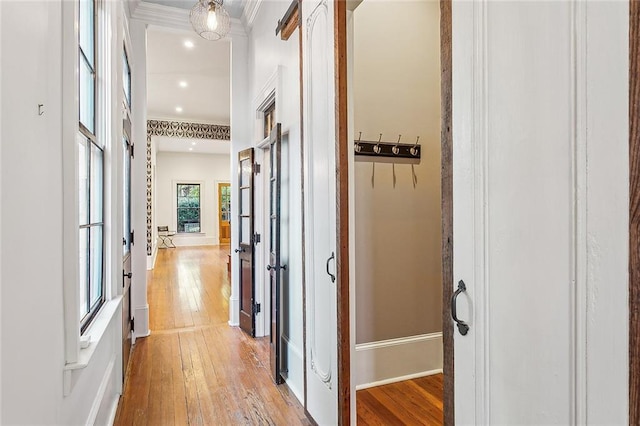 hall featuring crown molding and light hardwood / wood-style floors