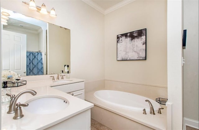 bathroom featuring tile patterned floors, vanity, shower with separate bathtub, and crown molding