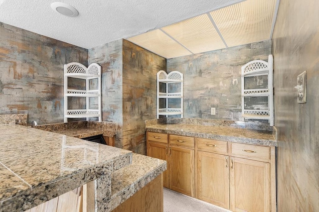 kitchen with light carpet and a textured ceiling