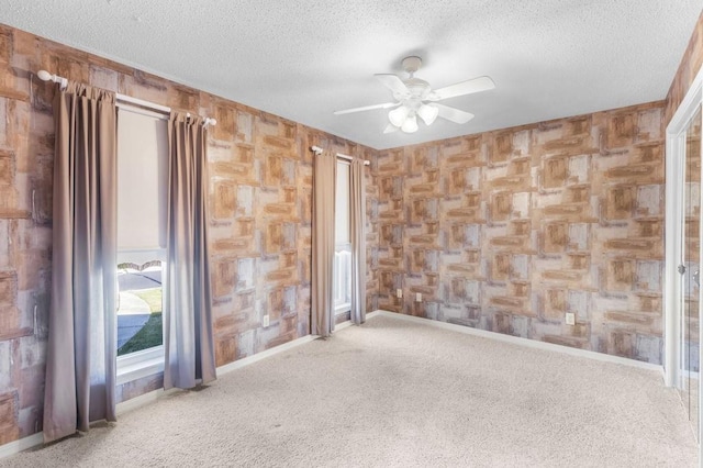 spare room featuring ceiling fan, carpet floors, and a textured ceiling