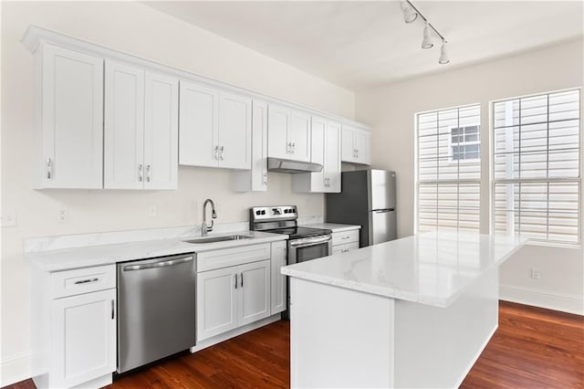 kitchen with white cabinets, sink, stainless steel appliances, and dark wood-type flooring