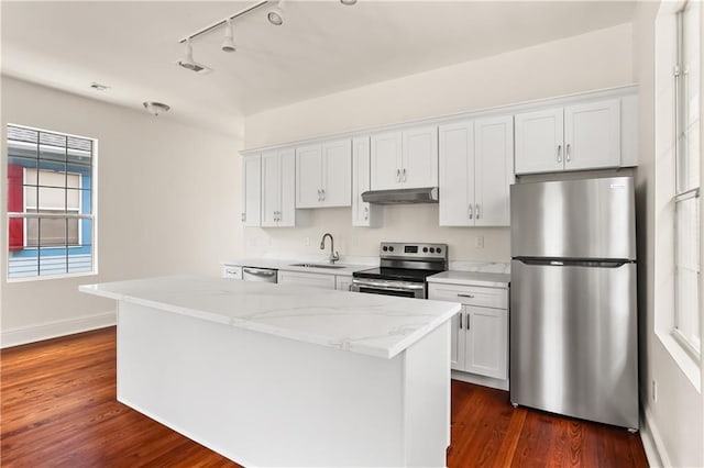 kitchen with dark hardwood / wood-style flooring, stainless steel appliances, white cabinetry, and sink