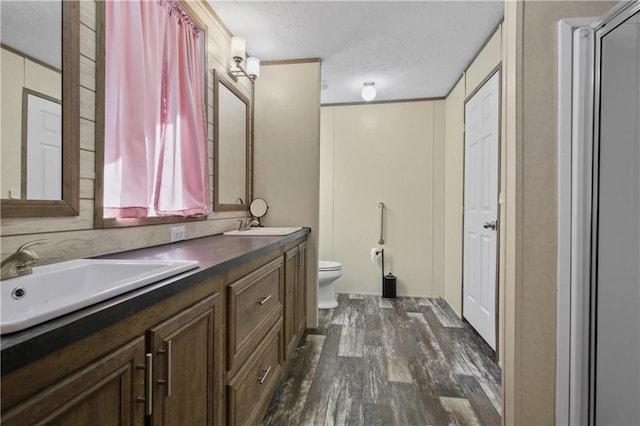 bathroom featuring a textured ceiling, vanity, hardwood / wood-style flooring, and toilet