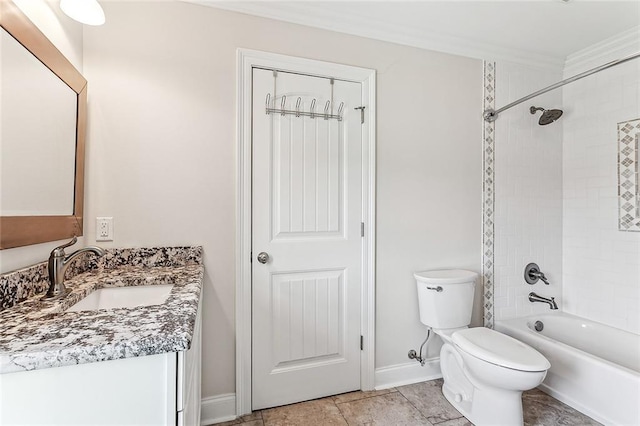 full bathroom featuring toilet, crown molding, tile patterned floors, vanity, and shower / bath combination