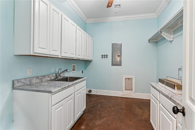 laundry room with sink, electric panel, cabinets, hookup for a washing machine, and ornamental molding