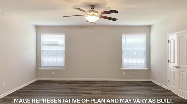 empty room featuring ceiling fan, plenty of natural light, and dark wood-type flooring