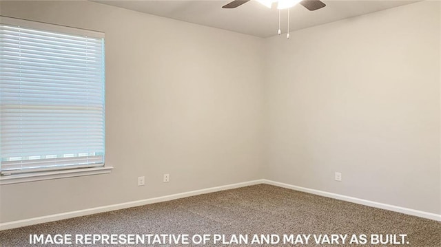 spare room featuring carpet flooring, ceiling fan, and a healthy amount of sunlight