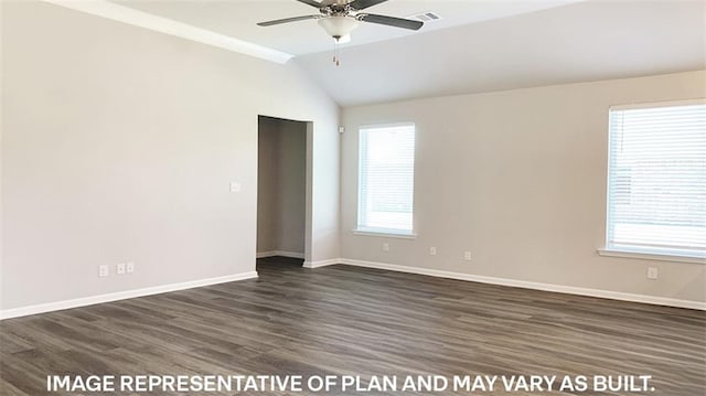 unfurnished room featuring ceiling fan, dark hardwood / wood-style flooring, and vaulted ceiling