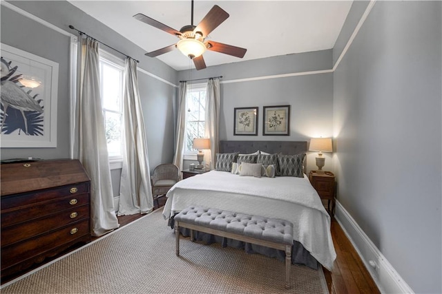 bedroom with ceiling fan and wood-type flooring