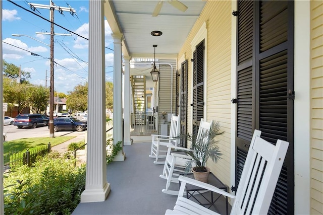 view of patio / terrace featuring ceiling fan and covered porch