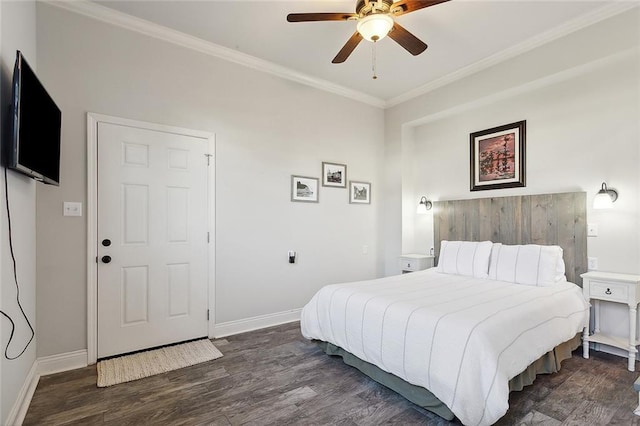 bedroom with ornamental molding, ceiling fan, and dark hardwood / wood-style flooring