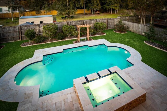 pool at dusk featuring a pergola