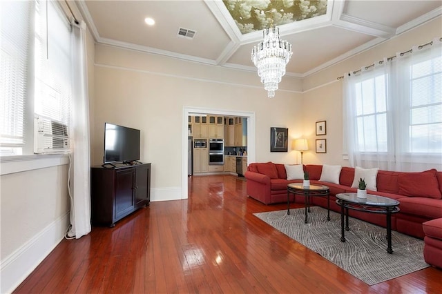 2108 Louisiana Ave, New Orleans, LA 70115 - living area featuring coffered ceiling, a chandelier, dark wood-type flooring, ornamental molding, and cooling unit