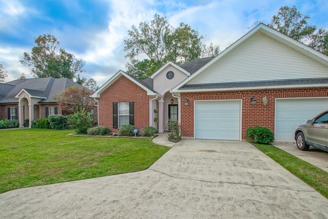 ranch-style house featuring a garage and a front yard