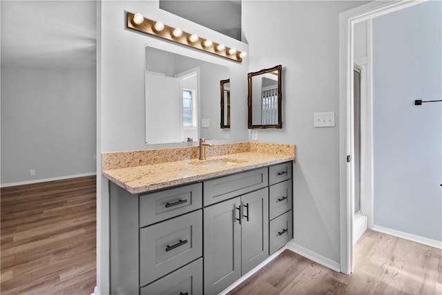 bathroom featuring hardwood / wood-style floors, vanity, and a shower with shower door