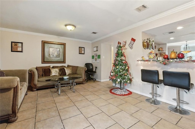 tiled living room featuring ornamental molding