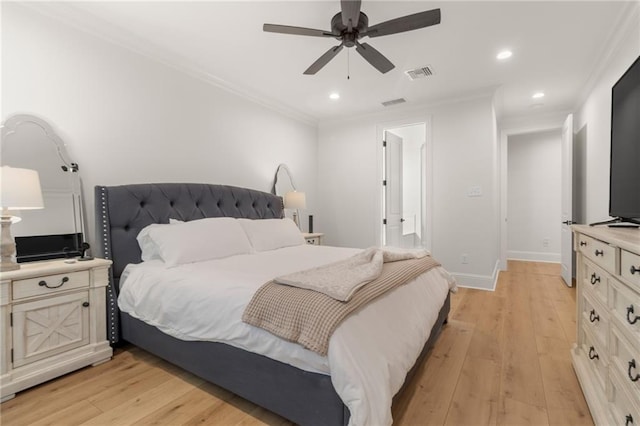 bedroom with crown molding, light hardwood / wood-style flooring, and ceiling fan