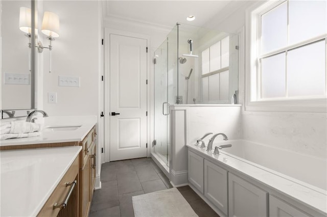 bathroom featuring vanity, independent shower and bath, crown molding, and tile patterned floors