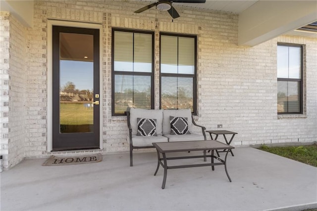 exterior space featuring covered porch and ceiling fan