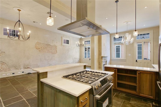 kitchen featuring a center island, island range hood, high end stove, and hanging light fixtures