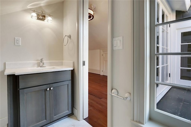 bathroom featuring wood-type flooring and vanity