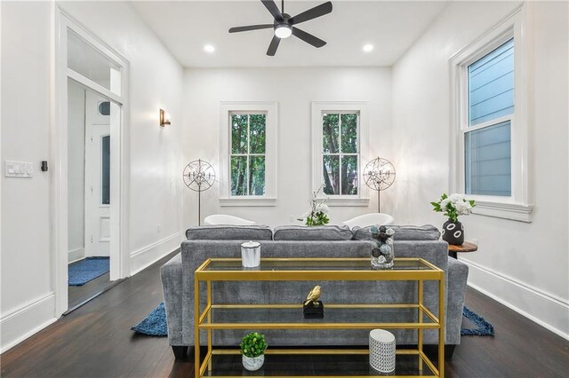 2417 Royal St, New Orleans, LA 70117 - living room featuring wood finished floors, a ceiling fan, and recessed lighting
