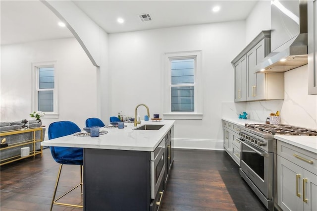 kitchen with sink, wall chimney range hood, gray cabinets, a kitchen island with sink, and high end range