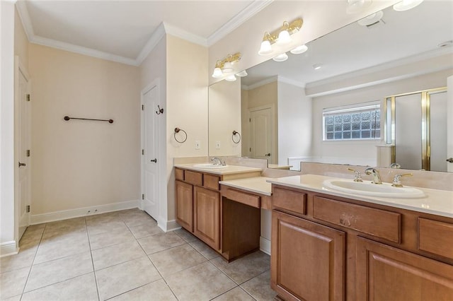 bathroom with tile patterned flooring, vanity, an enclosed shower, and ornamental molding