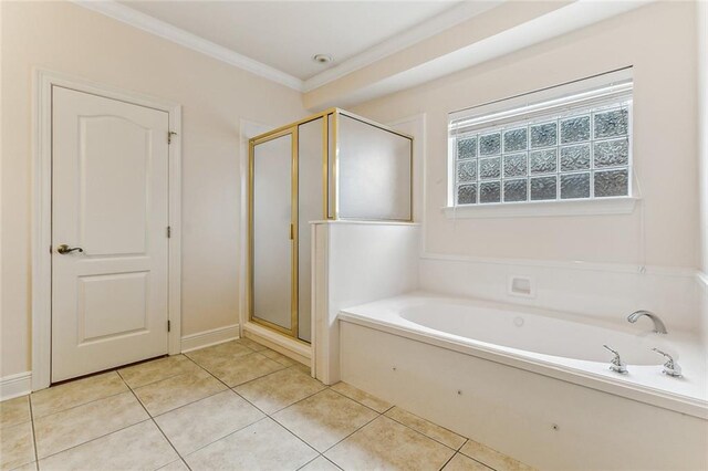 bathroom with separate shower and tub, crown molding, and tile patterned floors