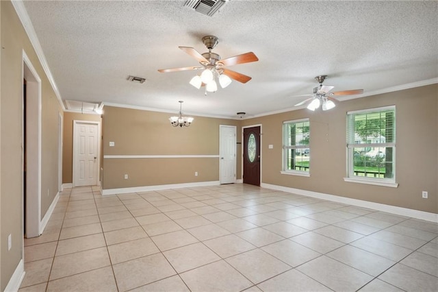 interior space with a textured ceiling, ceiling fan with notable chandelier, light tile patterned floors, and crown molding