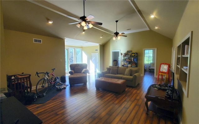 living room featuring ceiling fan, high vaulted ceiling, dark hardwood / wood-style floors, and ornamental molding