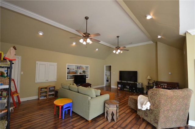 living room featuring ceiling fan, dark hardwood / wood-style flooring, crown molding, and vaulted ceiling