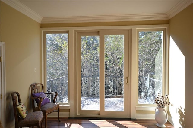 doorway to outside with hardwood / wood-style flooring, a healthy amount of sunlight, and ornamental molding