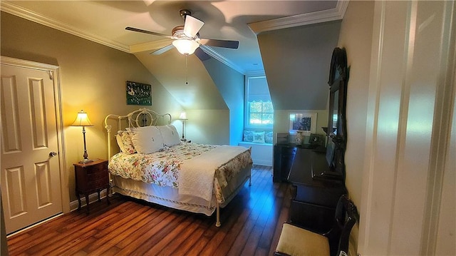 bedroom with dark hardwood / wood-style floors, ceiling fan, and ornamental molding