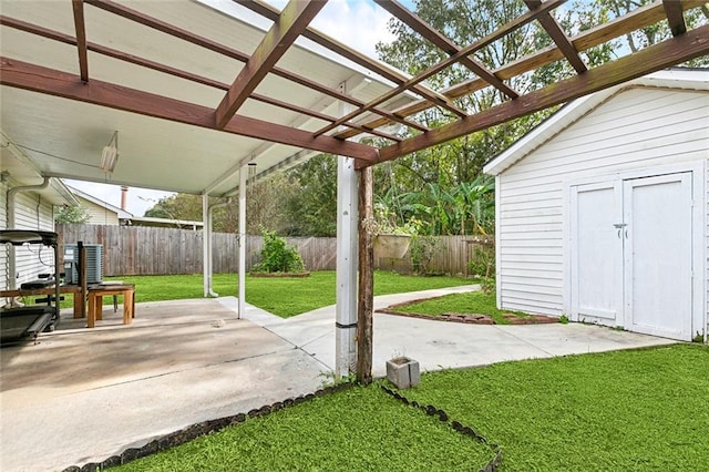 view of patio featuring a pergola, a shed, and central AC unit