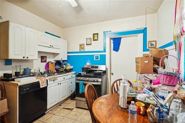 kitchen featuring light tile patterned flooring, white cabinets, ceiling fan, black dishwasher, and gas stove