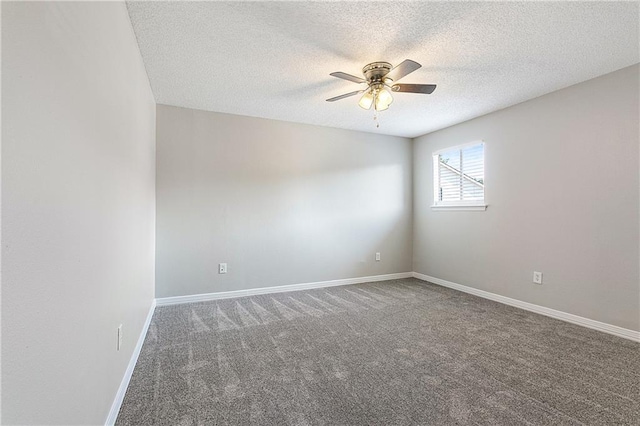 unfurnished room with a textured ceiling, carpet floors, and ceiling fan